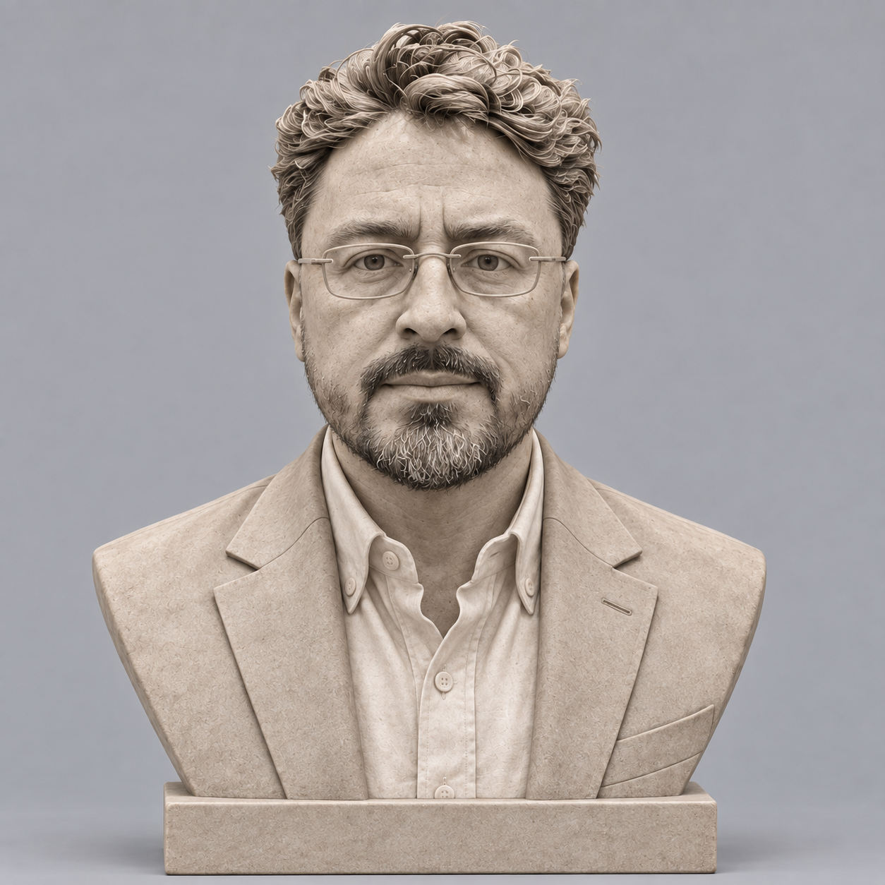Propuesta generada del busto de Lino Romero en piedra, vista frontal
